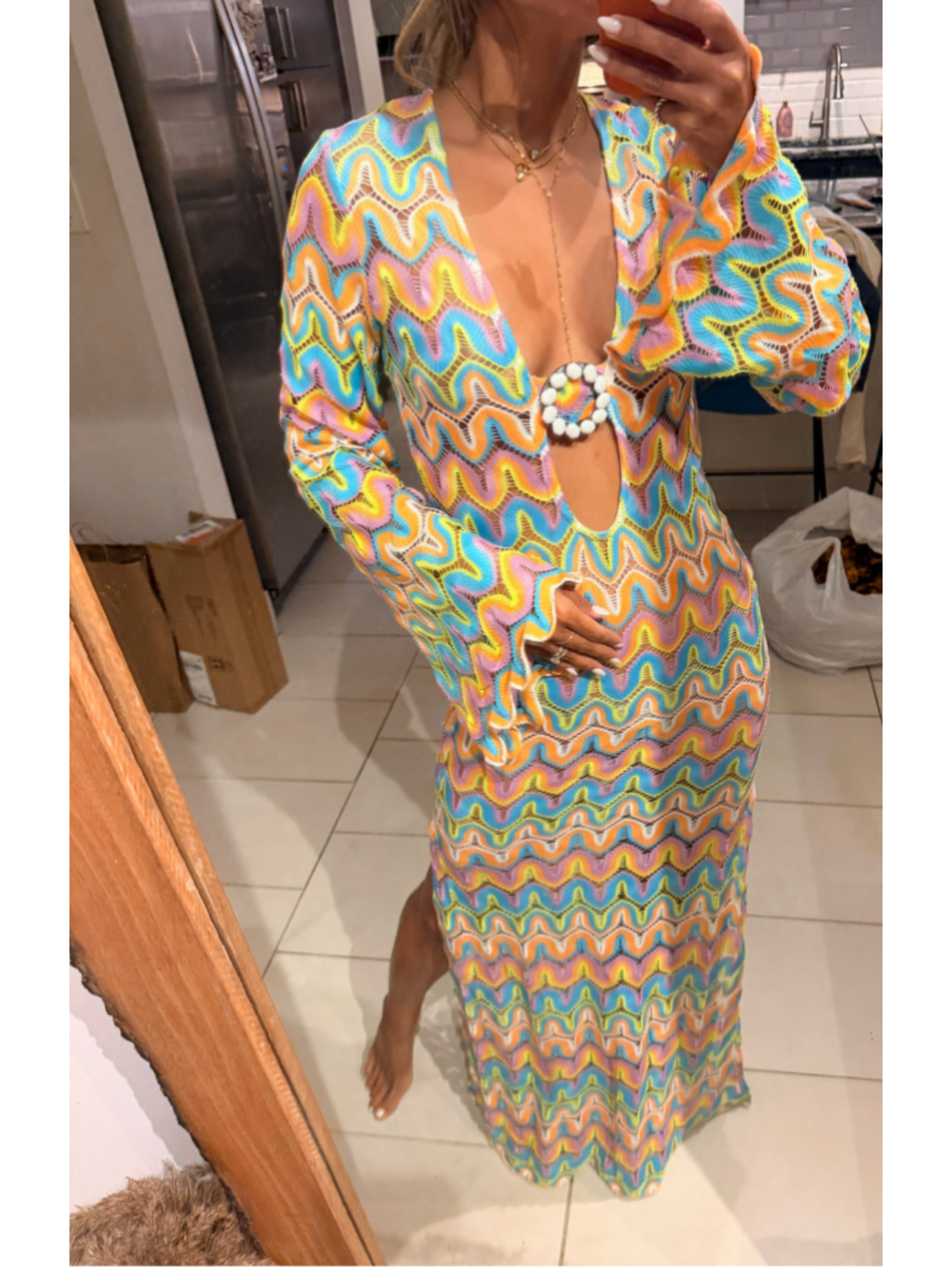 Chevron print knit crochet Maxi Dress Size S Multicolor beaded beach club dress